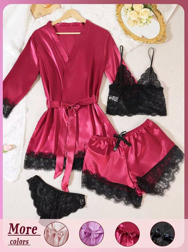 Ensemble de pyjama élégant pour femmes style court | Tissu satin doux, col en V, manches longues, détails en dentelle contrastée, robe ceinturée et ensemble de sous-vêtements pour adultes  J2602