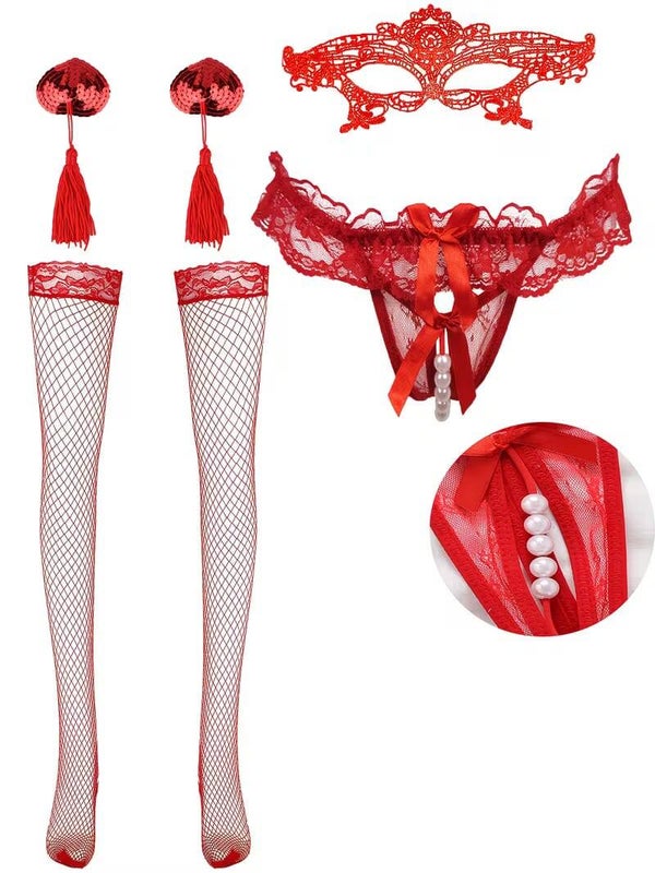 Ensemble de lingerie sexy pour femmes (1 string en dentelle et perles + 1 paire de couvre-nipple + 1 paire de bas résille + 1 masque pour les yeux en dentelle) 052026