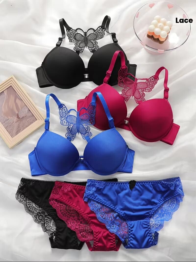 3 sets de lingerie en deux pièces , avec dos motif papillon, double rembourrage 1616A