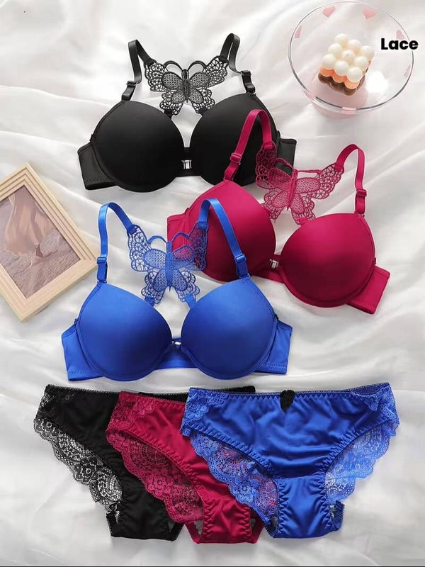 3 sets de lingerie en deux pièces , avec dos motif papillon, double rembourrage