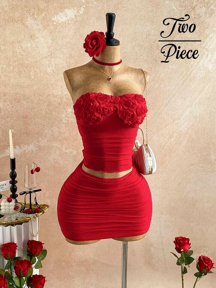 2 pièces/Set Tenue romantique pour femme - Blouse texturée à roses rouges en maille et mini-jupe froncée 1616A
