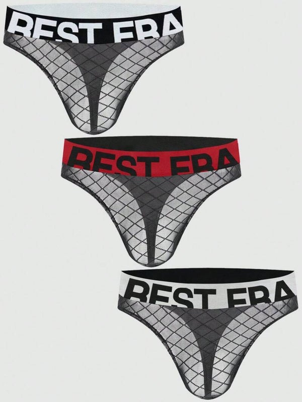 3 pièces Slips sexy en maille transparente avec bande élastique à motif lettre pour hommes