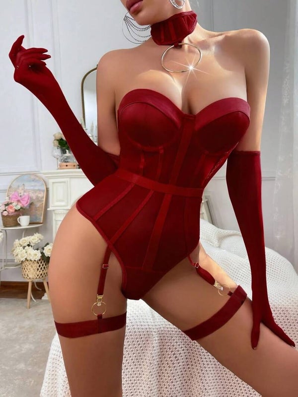 5 pièces Bodysuits élégants & sexy bordeaux pour costume d'Halloween femmes