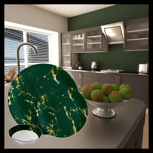 Service de table 18 pièces en marbre vert et or - Porcelaine céramique