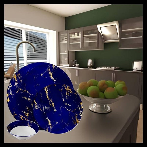 Service de table 18 pièces en marbre bleu et or - Porcelaine céramique