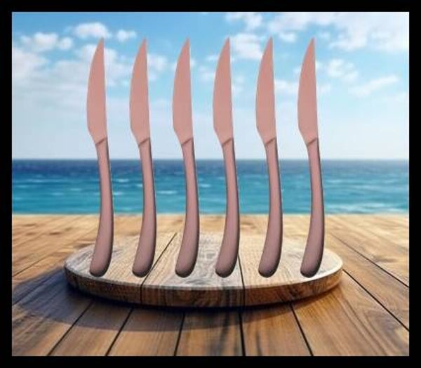 Ensemble de 6 couteaux à steak en acier inoxydable, design élégant, cuivre mat, Montecarlo