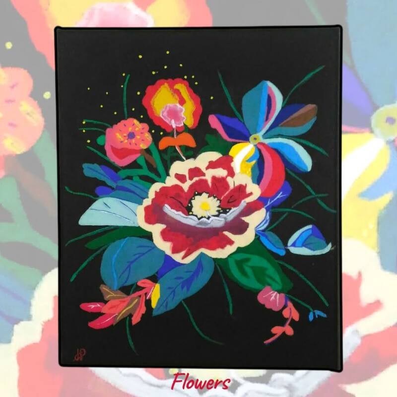 Flowers acrylique sur toile coton noire 30x40cm 