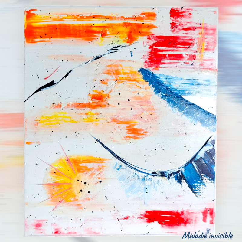 Maladie invisible, j'ai laissé ma main décider de ce qu'elle souhaitait produire avec les émotions de ma suite d'hospitalisation. Ce qui explique le titre. Fond en peinture à l'huile, puis acrylique au couteau et carte de fidélité, sur toile coton 46x55cm