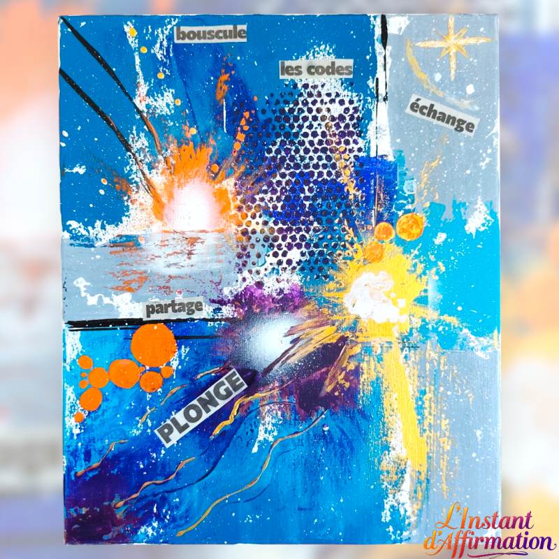 L'Instant d'Affirmation, un point de rupture où l'on bouscule l'établi pour laisser place à sa propre vérité. Acrylique multi-techniques, toile coton 38x46cm