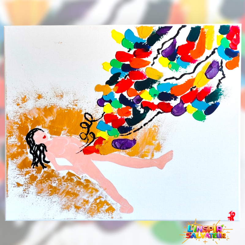 ​Inspir’ Salvateur, ​par le jeu des contrastes et de la matière, les ombres intérieures s’expulsent pour se transmuter en un sillage de couleurs salvatrices.  Une invitation à la respiration et à la renaissance. Acrylique au couteau, toile coton 38x46cm 