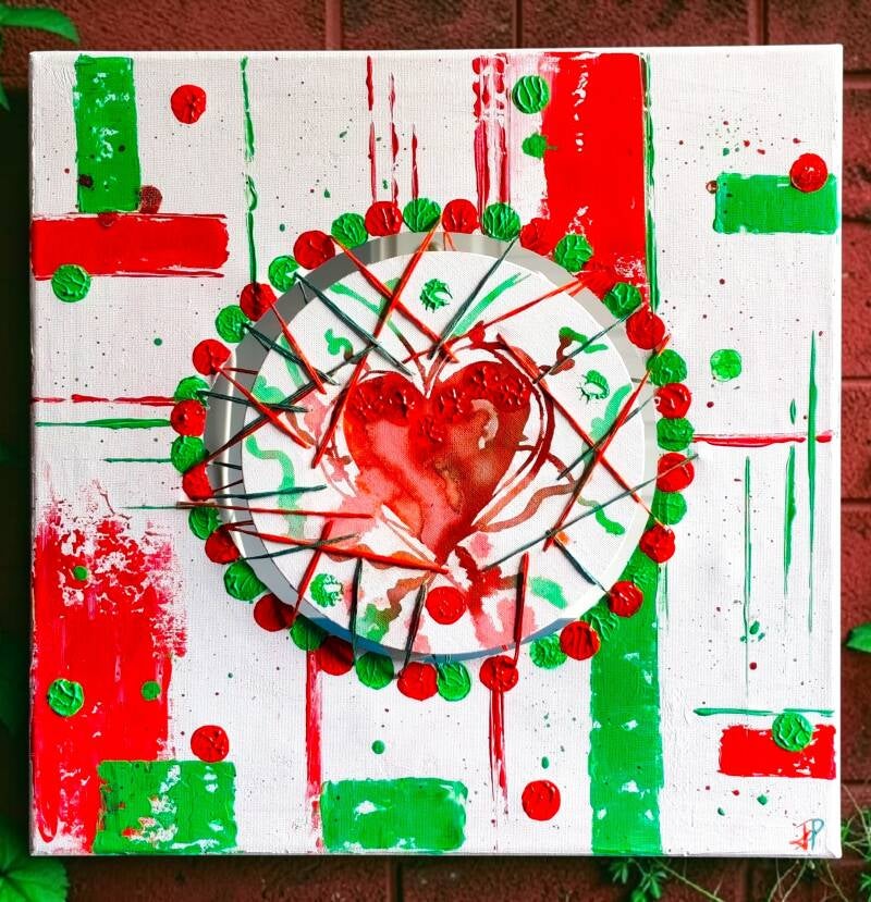 Coeur Tissé, parfois le cœur a besoin de ses propres lignes pour retrouver son ancrage. Encres et acrylique, multi-techniques, double toiles coton, ronde 20cm, carrée 40x40cm 
