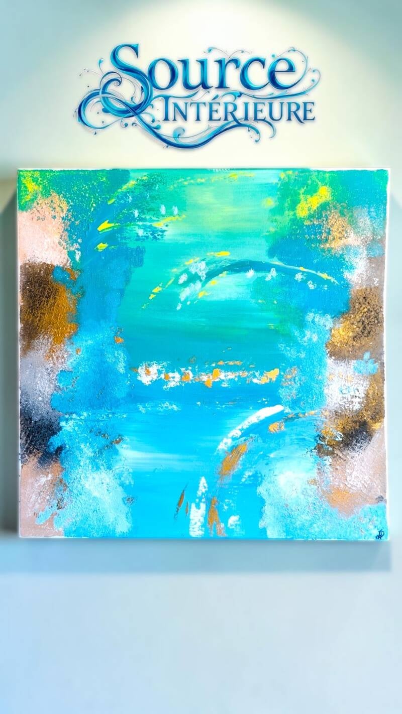 Source Intérieure : une création dictée par l'instant présent. Cette toile s’est construite sans plan, au fil du couteau et de mes doigts sur la matière.  Acrylique, multi-techniques, toile coton 50x50cm