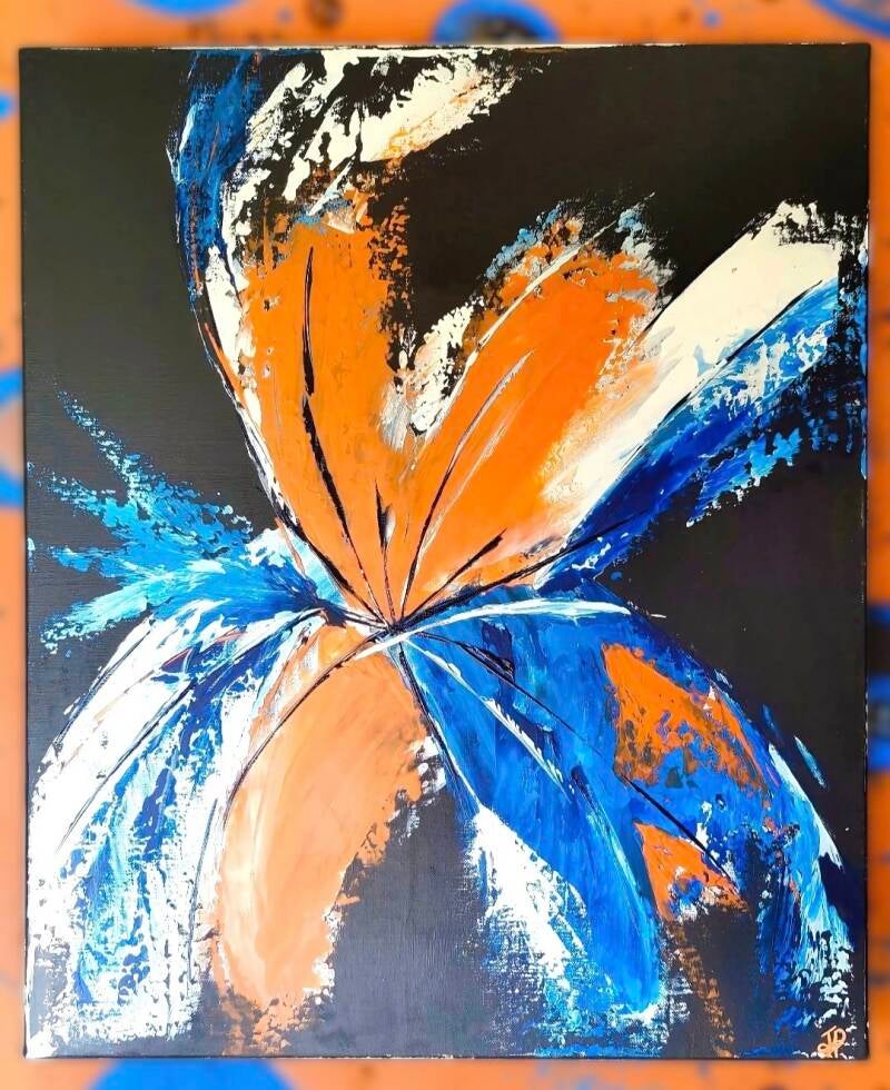 Rémanence : L’éclosion pure. La vie qui persiste, s’ancre et renaît. Acrylique au couteau, toile lin 46x55cm