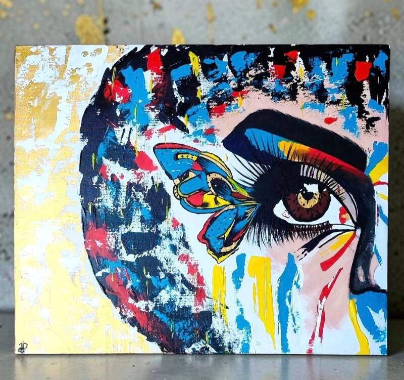 Impulsion 160, Cette toile est née de cette décharge d'énergie pure : l'intensité d'un regard face au chaos des émotions, le battement d'ailes d'un papillon contre les pulsations de la cage thoracique. Acrylique multi-techniques, Carton entoilé 38x46cm 