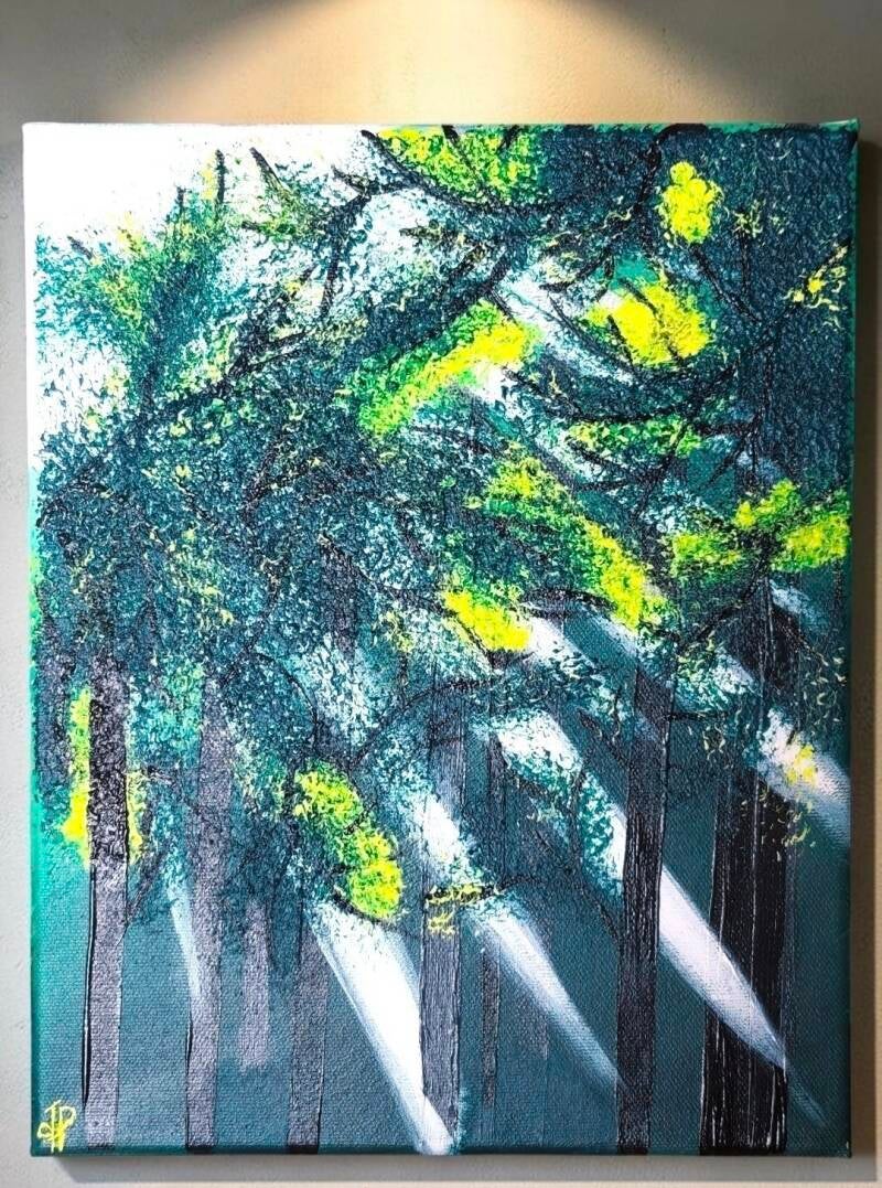 Komorebi ou l'art de capturer la lumière qui danse à travers les arbres.  Une immersion dans la fraîcheur des sous-bois, là où les rayons du soleil viennent bousculer la pénombre et purifier l'atmosphère.  Acrylique multi-techniques,  toile coton 24x30cm