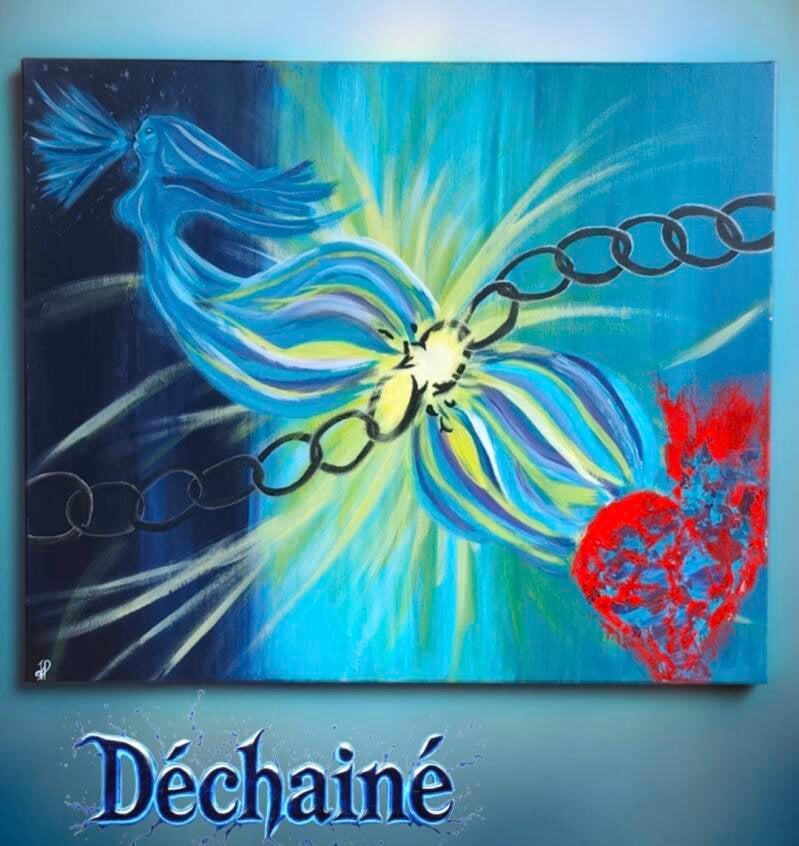 Déchaîné, "Créer 'Déchainé' a été un véritable processus. J'ai voulu représenter cette force intérieure qui nous pousse à nous libérer de ce qui nous entrave. Un cœur qui bat, une âme qui s'envole... Acrylique, toile lin 54x65cm 