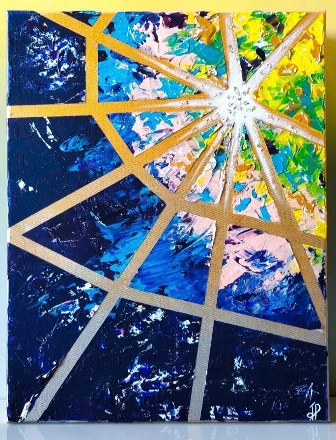 SOI Faceté, Traverser l'ombre pour retrouver sa propre lumière. Ce tableau retrace ce cheminement. Chaque aplat, chaque relief travaillé au couteau incarne une facette de ce retour à soi. Acrylique couteau, toile coton 35x45cm 