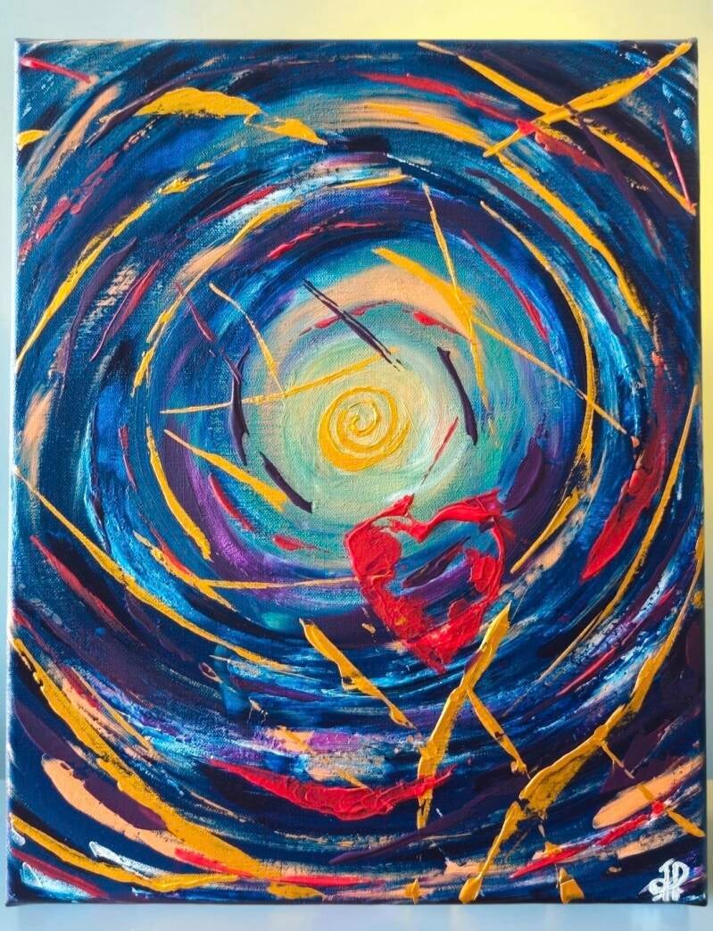 Le Kintsugi de l'âme, symbolise le mouvement de reconstitution et de guérison. Acrylique, médium pouring, couteau pinceau, toile lin 33x41cm 