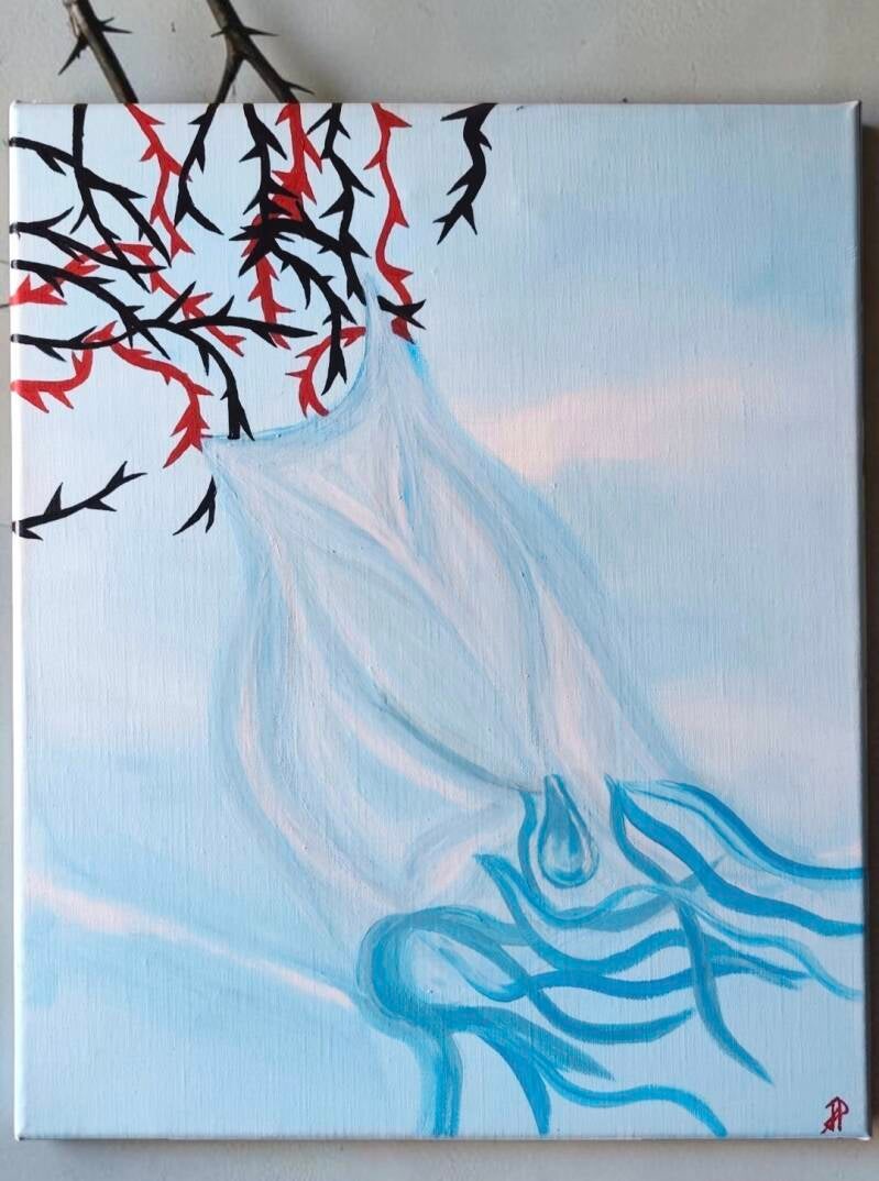 À contre-courant. Parfois, il faut accepter de ne plus lutter, laisser sortir ce qui fait mal et suivre son propre mouvement.  Cette toile est née de la colère, de la tristesse… mais aussi de cette envie de se libérer. Acrylique, toile lin 38x46cm 