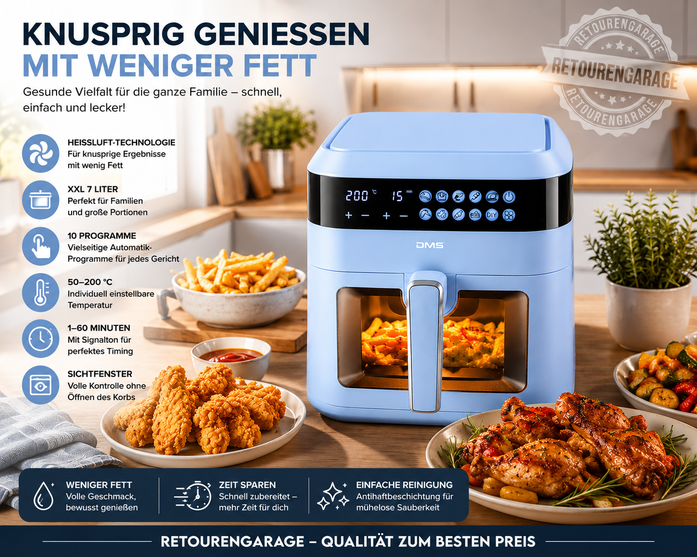 DMS Heißluftfritteuse HFG-7B – 7 L, 1600 W, digital, 10 Programme