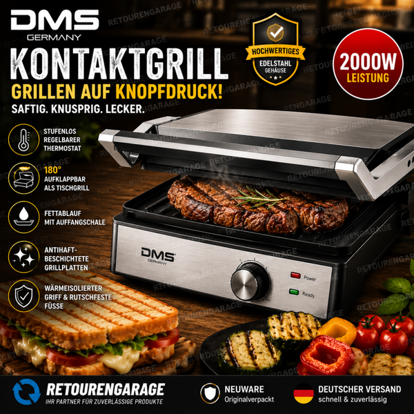 DMS Kontaktgrill KG-06 – 2000W Elektrogrill mit Edelstahlgehäuse