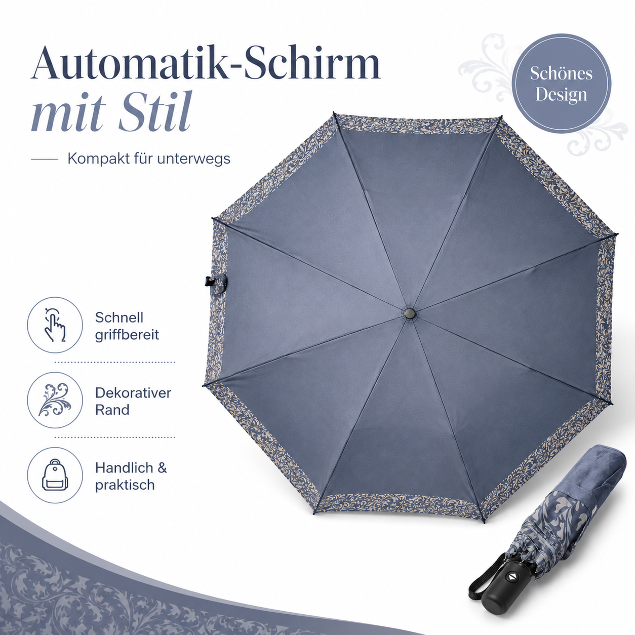 Automatik-Regenschirm dunkelblau – mit Auf-Zu-Taste, floraler Musterkante & Windschutz