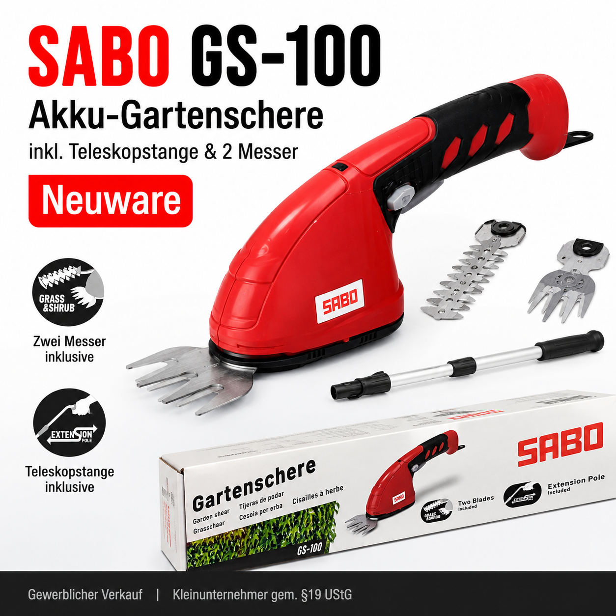 SABO GS-100 Akku-Gartenschere – Grasschere & Strauchschere mit Teleskopstange – Neuware