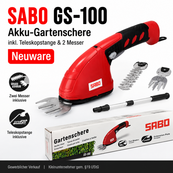 SABO GS-100 Akku-Gartenschere – Grasschere & Strauchschere mit Teleskopstange – Neuware