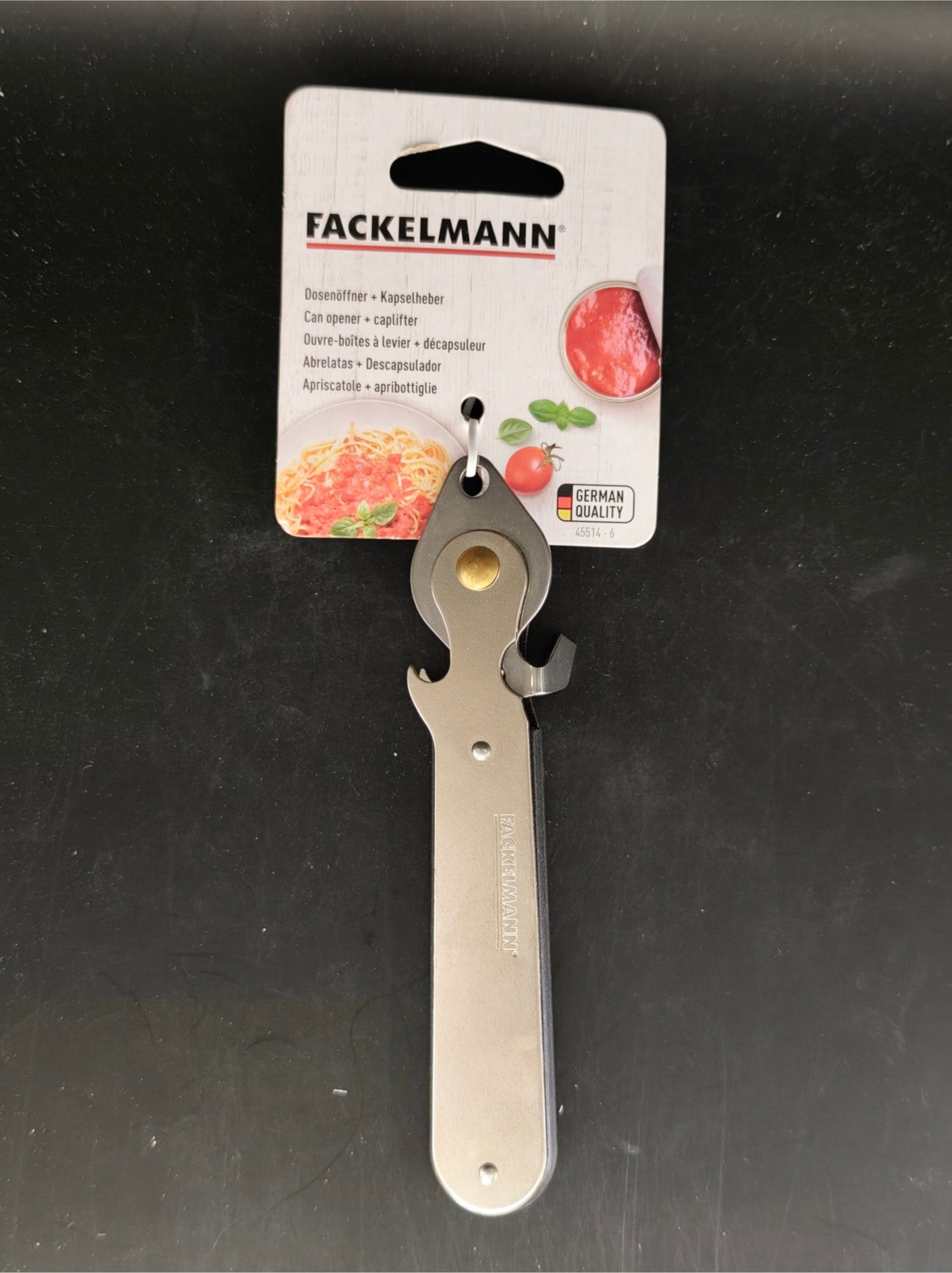 Fackelmann Dosenöffner mit Kapselheber – 2-in-1 Küchenhelfer