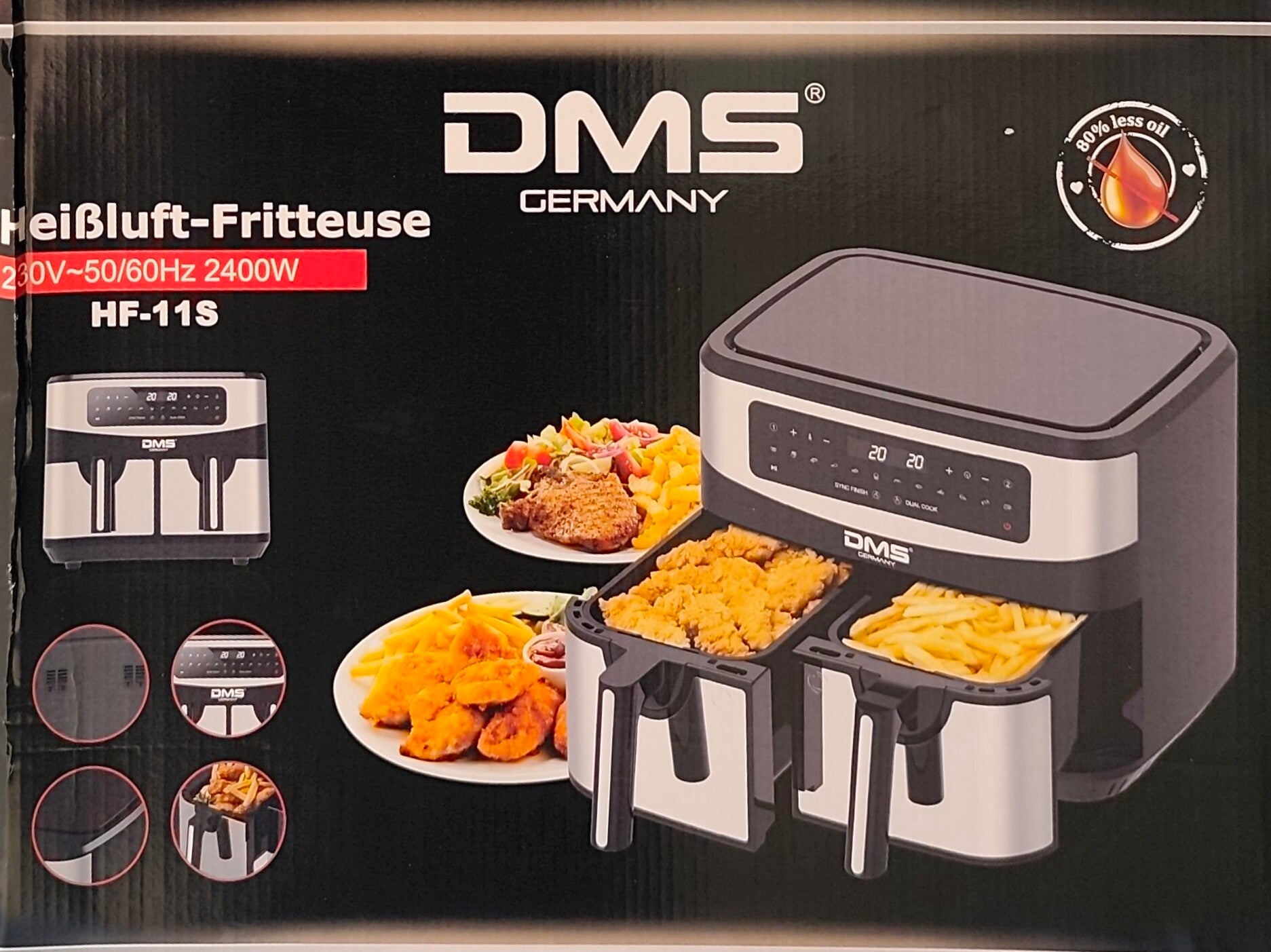 DMS HF-11S Doppelkammer Heißluftfritteuse Dual Zone 2x5,5 Liter 2400 Watt