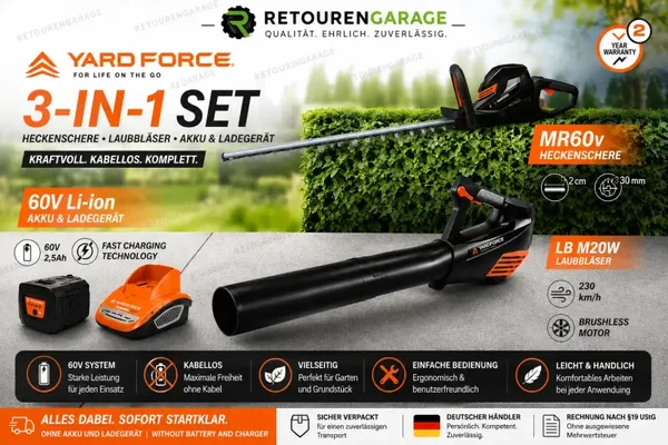 YardForce Garten-Set: 60 V Akku+Lader + Laubbläser + Heckenschere -neu- TopDeal
