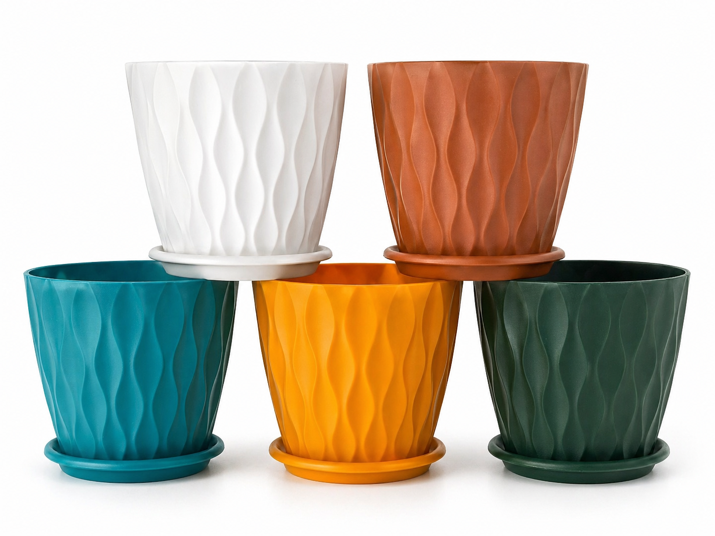 5er Set Blumentöpfe Ø15 cm mit Untersetzer – buntes Wellenmuster