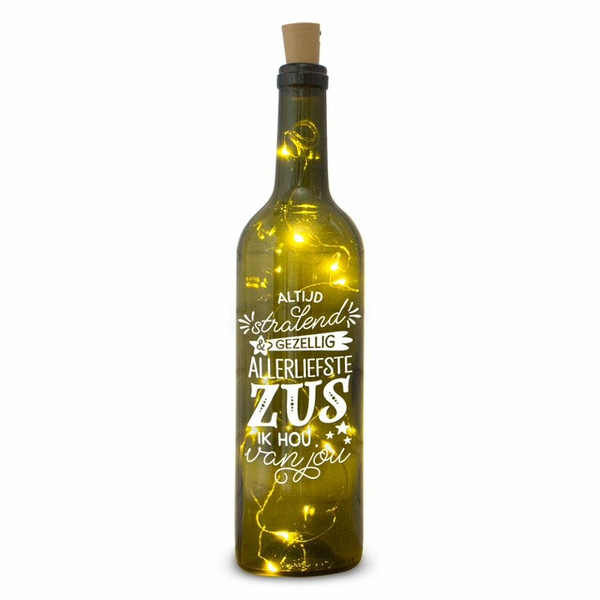 Verlichte fles: altijd stralend, gezellig, liefste zus, ik hou van jou