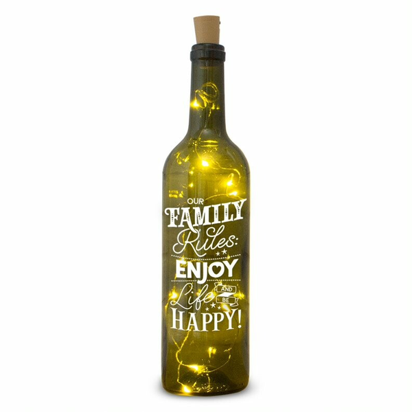 Verlichte fles: our family rules, enjoy life and be happy