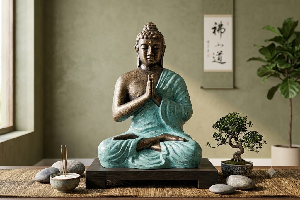 Med Large Turquoise & Gold Praying Buddha Statue - 1.2m Tall