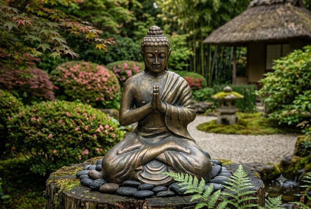 Med Large Antique Gold Praying Buddha Statue - 1.2m Tall