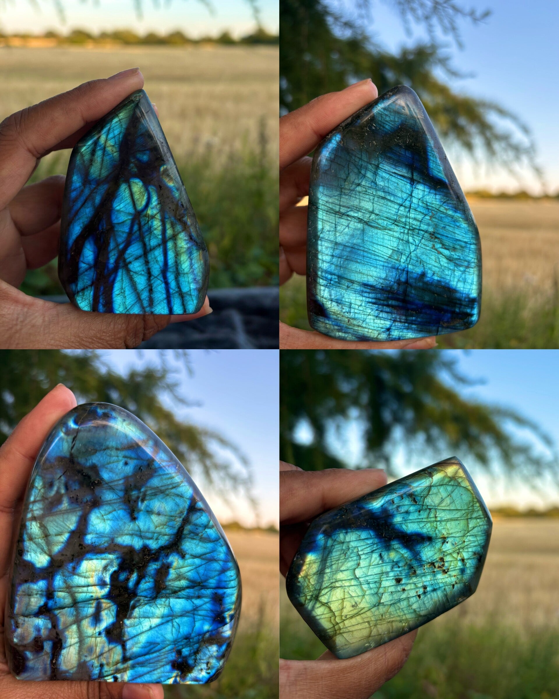 Handheld polished labradorite freeform crystal showing vibrant blue and green labradorescence in outdoor sunlight⁠