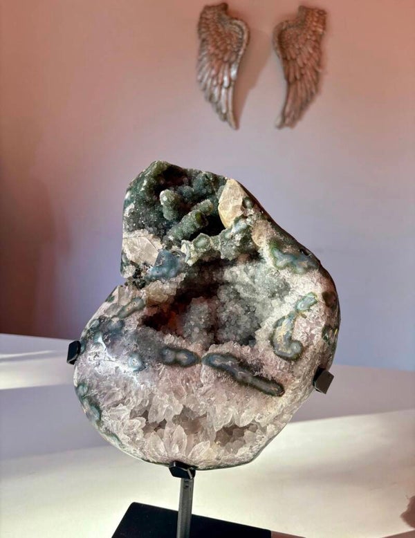 Green Amethyst Stalactite Geode: Druzy Quartz, Chalcedony & Calcite Cluster