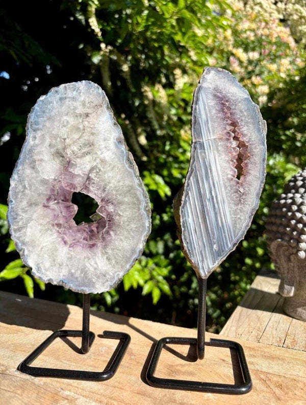 Amethyst Crystal Pair on Stands: Agate Banding & Blue Lace Agate
