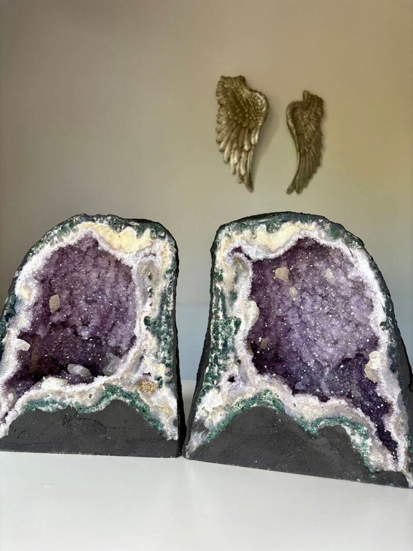 The "Sister Geodes" – Ultra-Rare 32kg Matching Split Pair of Amethyst Cathedrals with Calcite & Celadonite