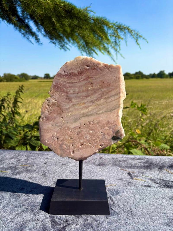 Banded Pink Amethyst with Green jasper Slab on wood stand (1.436kg)