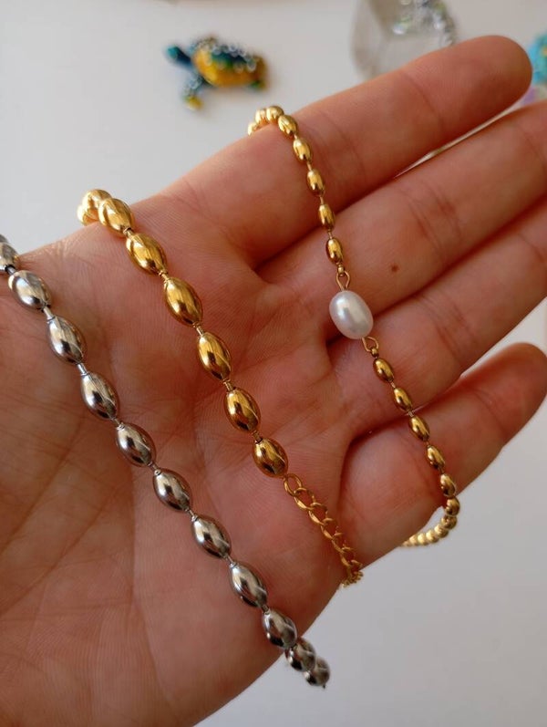 Bean bracelet ασημί/χρυσό/με μαργαριτάρι (steel)