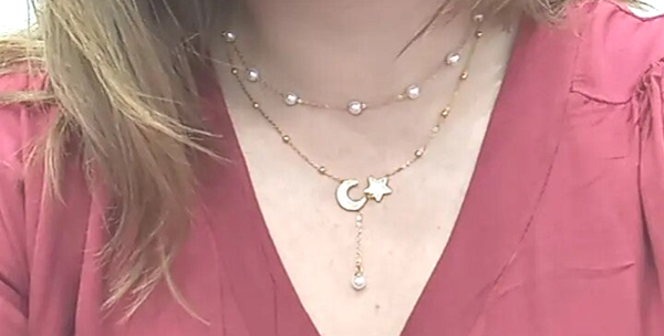 Moon star gold enamel steel necklace