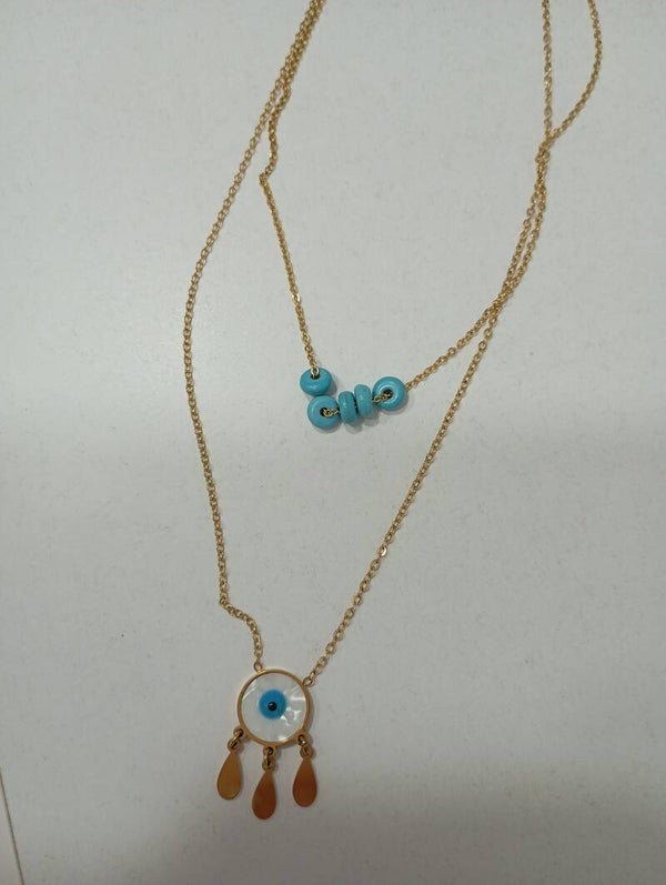 Blue enamel tirkouaz eye gold double chain necklace