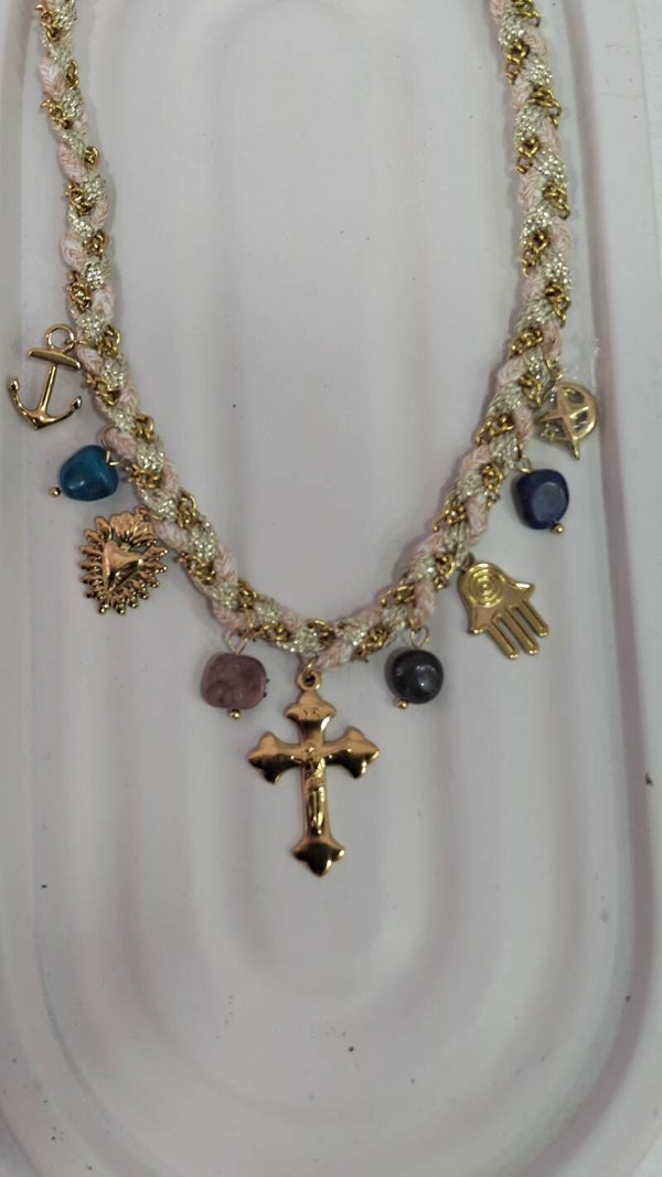 Κολιέ με σταυρό/charms και ημιπολύτιμους λίθους (Steel)