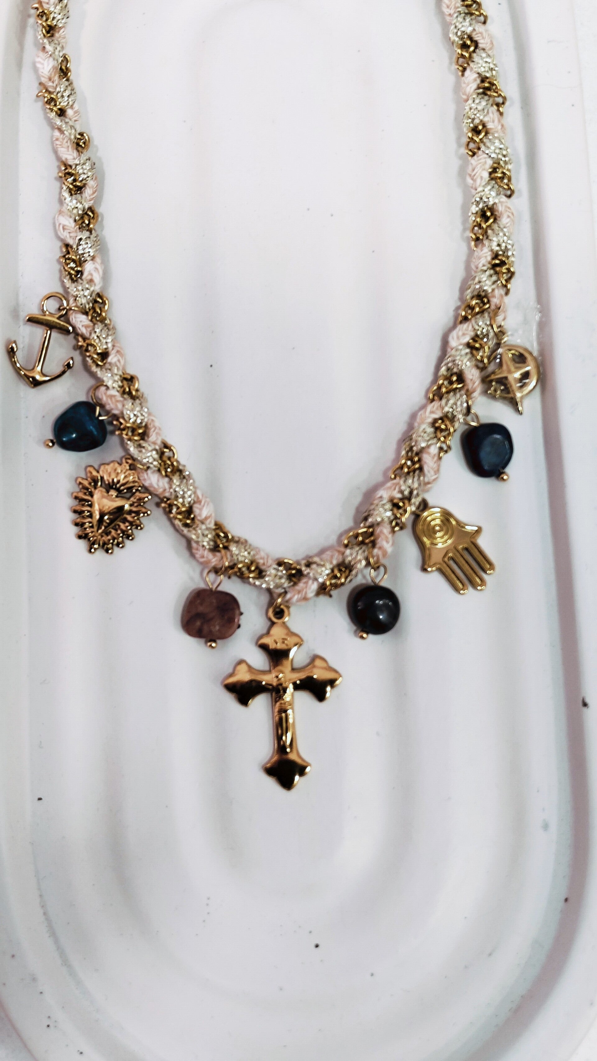 Κολιέ με σταυρό/charms και ημιπολύτιμους λίθους (Steel)