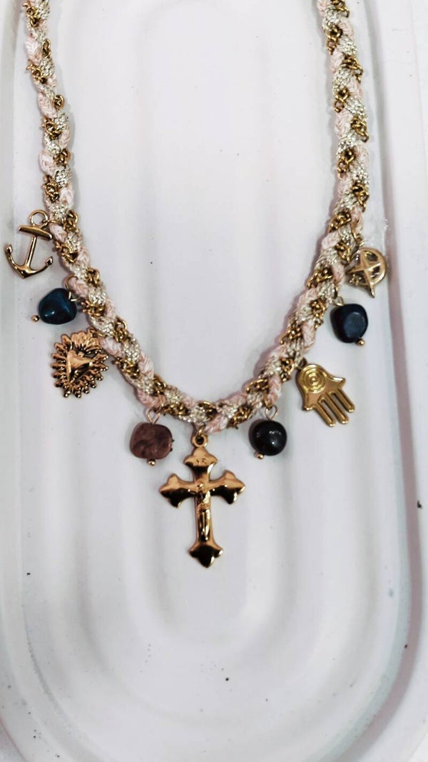 Κολιέ με σταυρό/charms και ημιπολύτιμους λίθους (Steel)