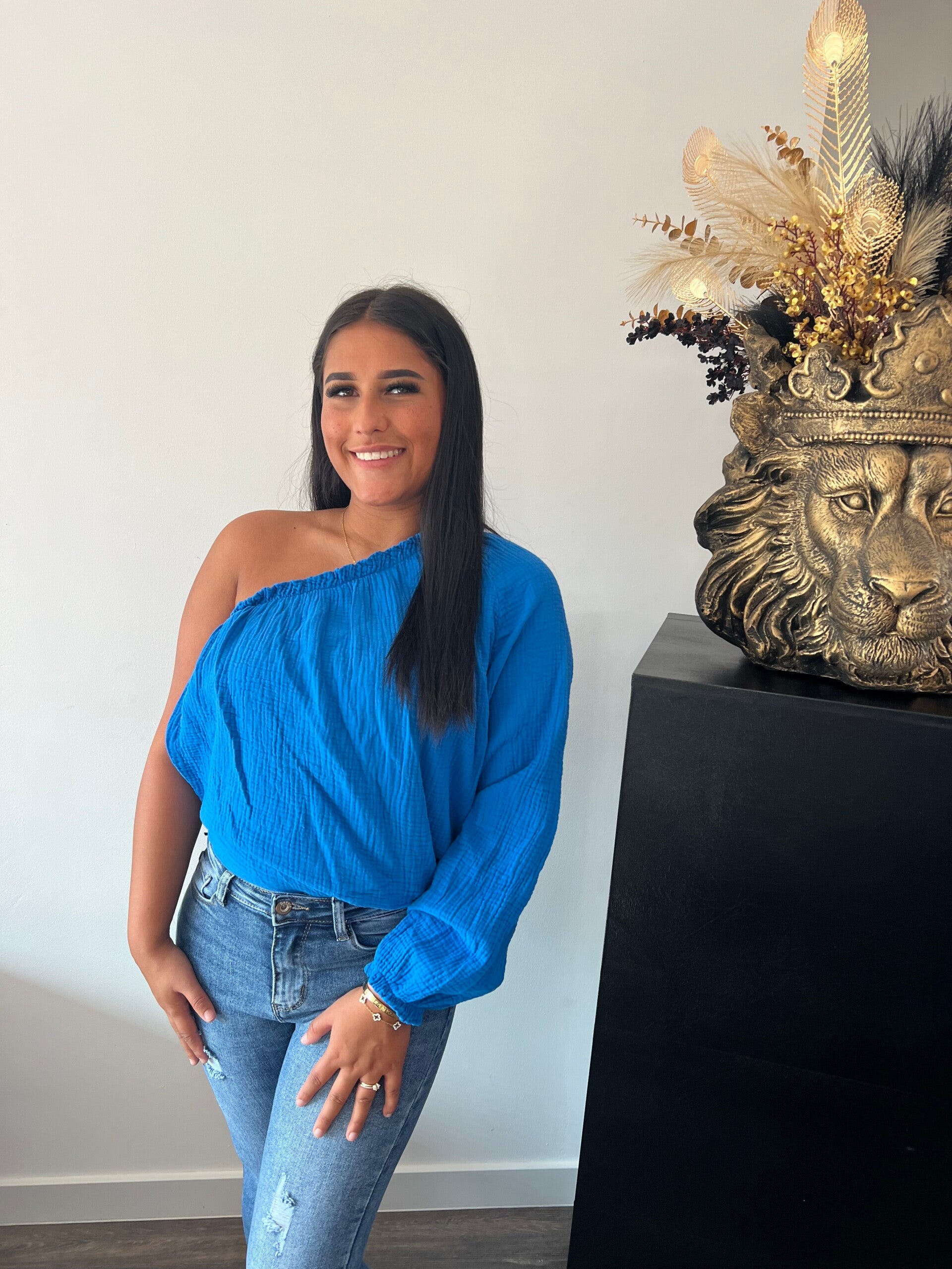 One shoulder top blauw