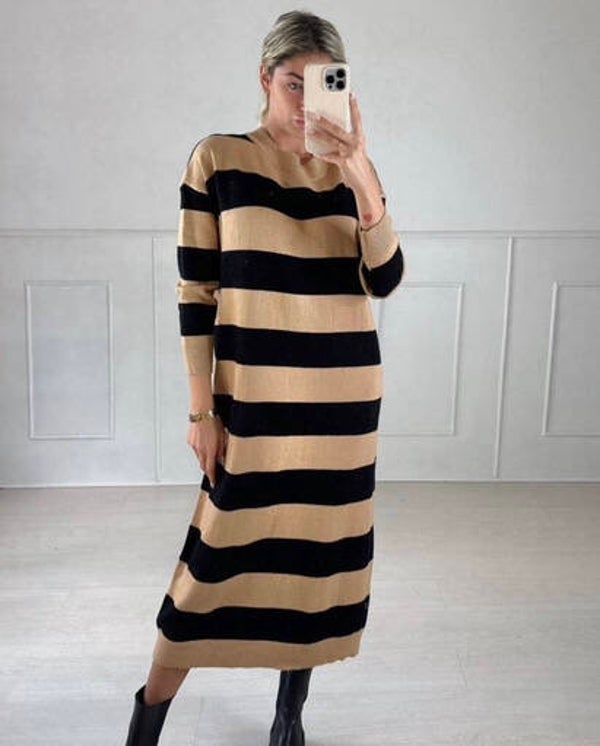 Stripe dress camel
