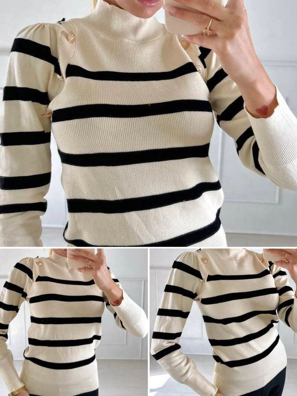 Trui Stripe beige met gouden knopen